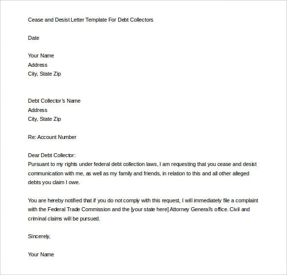 free debt collection cease and desist letter template example