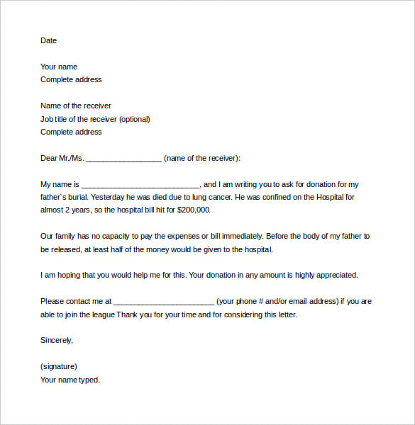 sample solicitation letter for donations for death word download