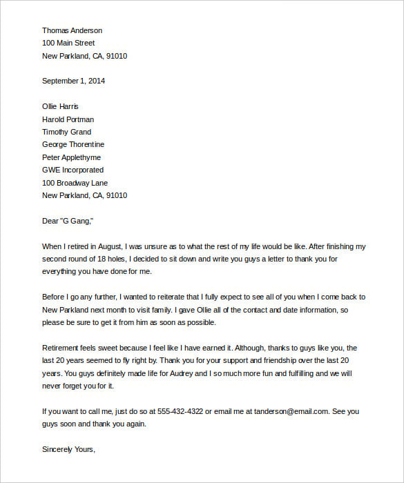 thank you retirement letter sample format free download