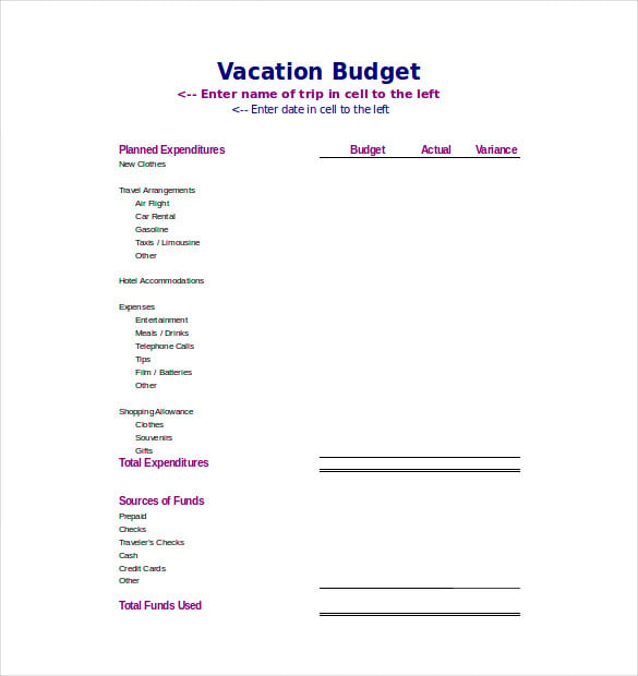 vacation travel budget template