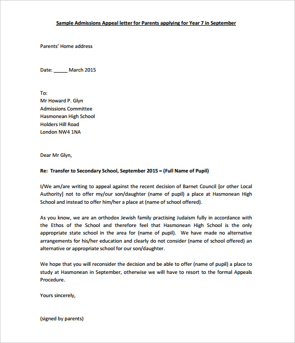 Appeal Admission Decision Sample Letter