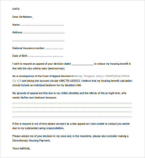 sample appeal letter for housing