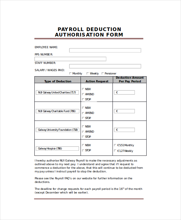 Printable Payroll Deduction Form Template Printable Templates