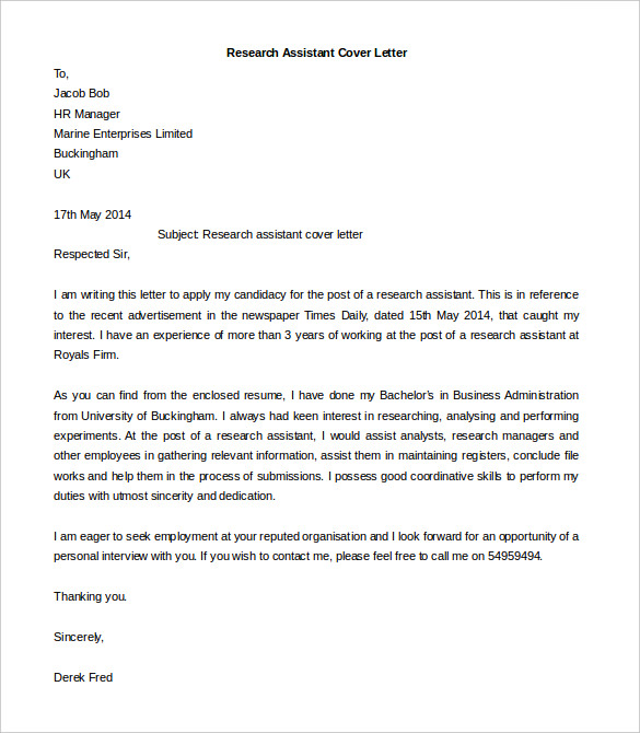 Free Research Assistant Cover Letter Template