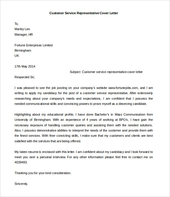 download customer service representative cover letter template