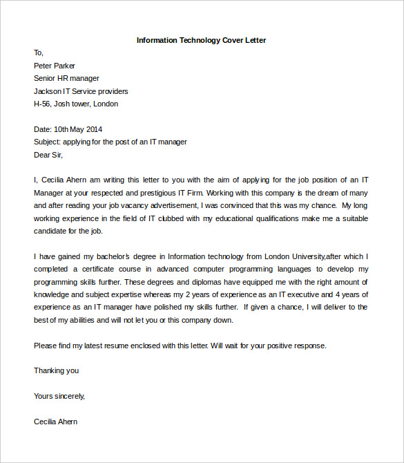 information technology cover letter template free word doc