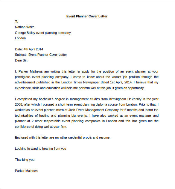 download event planner cover letter template in word