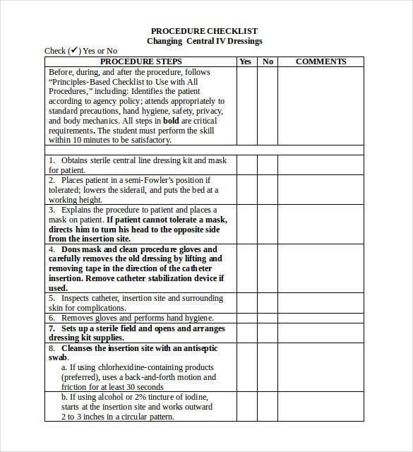 microsoft word in procedure checklist