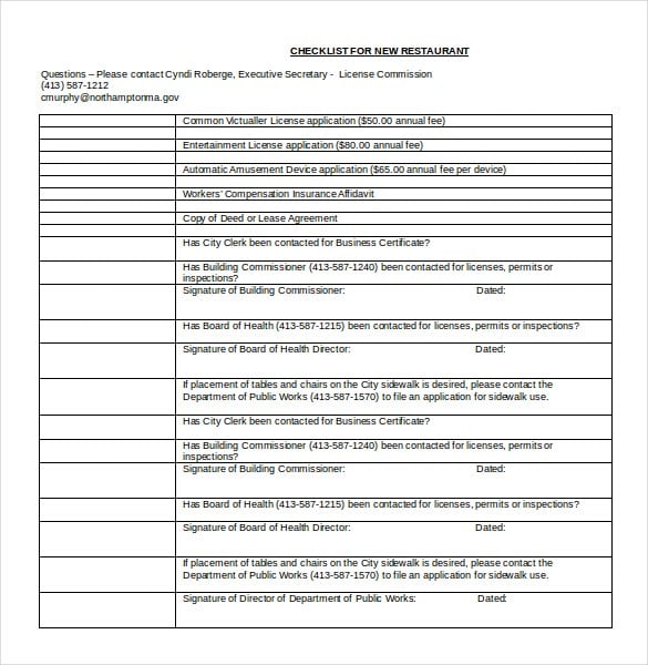 restaurant checklist in word1
