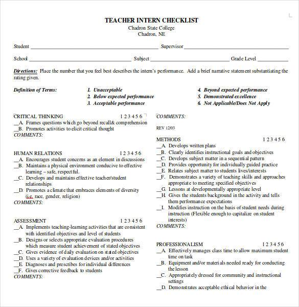 teacher intern checklist ms word download1