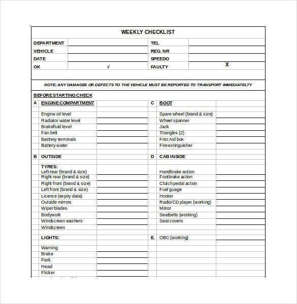 vehicle weekly checklist template