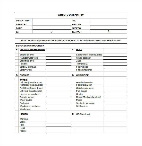 Vehicle Checklist Template Word