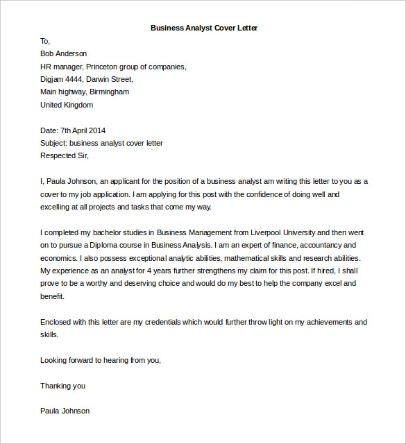 Sample cover letter for business analyst job application