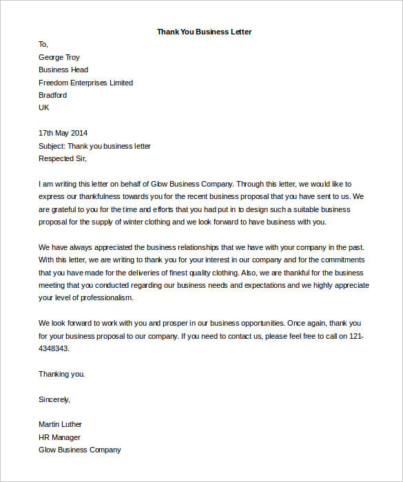 thank you business letter template word download