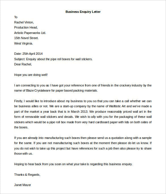 printable business enquiry letter template free download