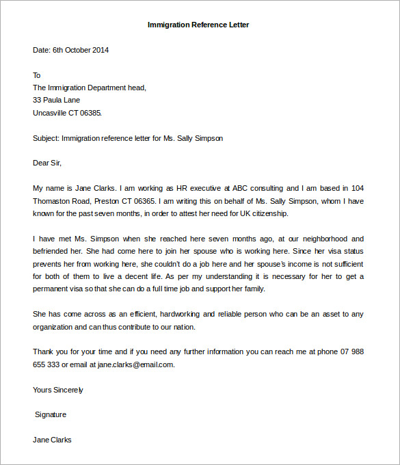 immigration reference letter template free word doc