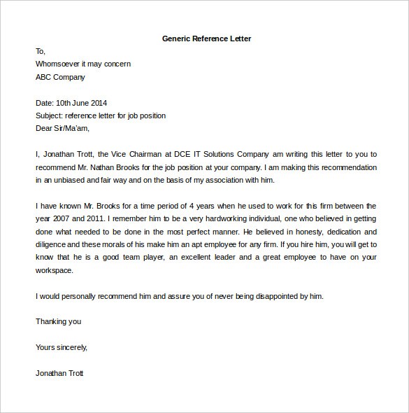 free printable generic reference letter template download