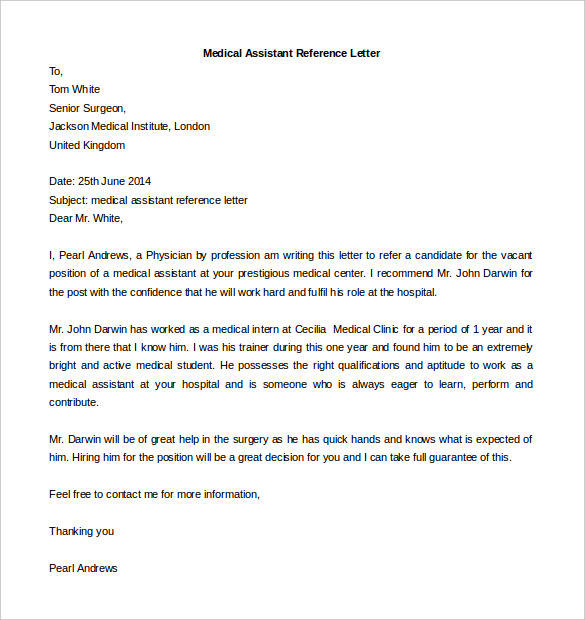 Letter Of Recommendation Template For Medical Assistant Letter Of   Editable Medical Assistant Reference Letter Template Download 