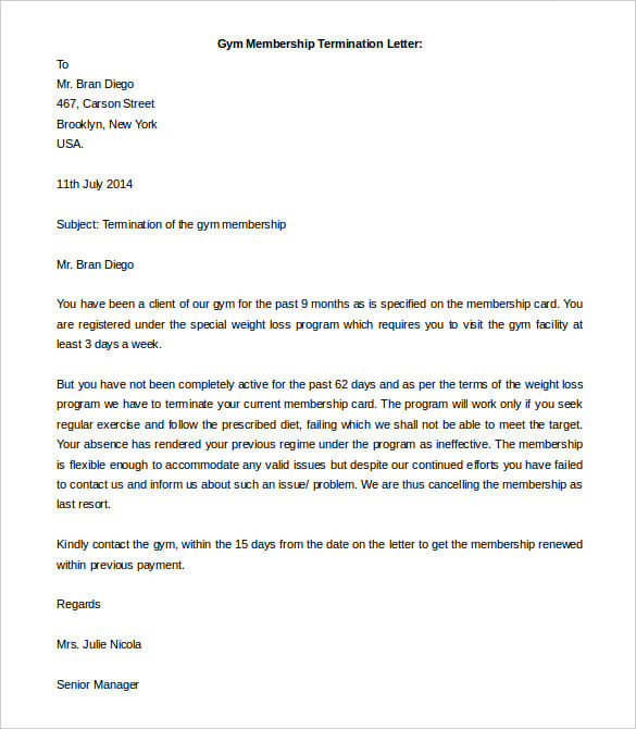 printable gym membership termination letter template