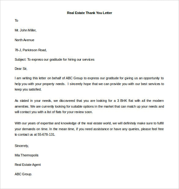 free download real estate thank you letter template