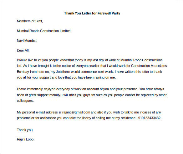 thank you letter for farewell party free editable