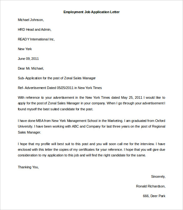 application letter for employment download