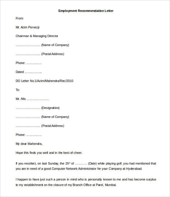 free download employment recommendation letter template