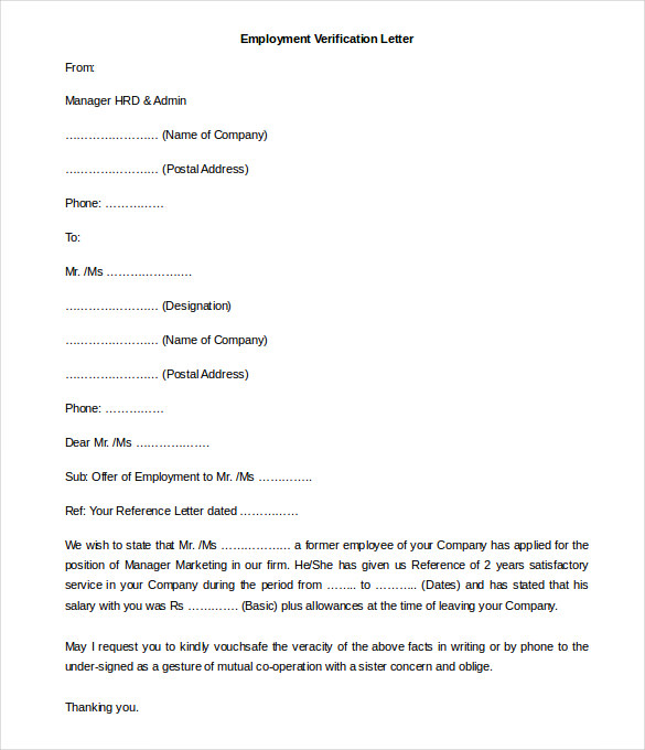 letter of employment verification template free employment