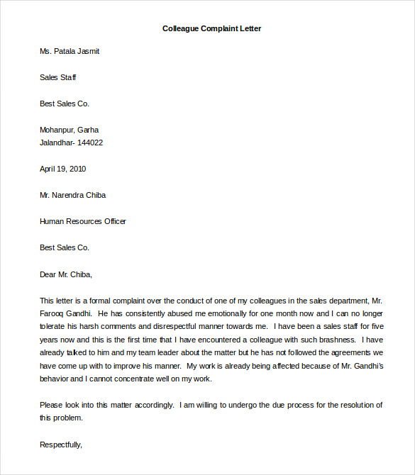 colleague complaint letter template word doc