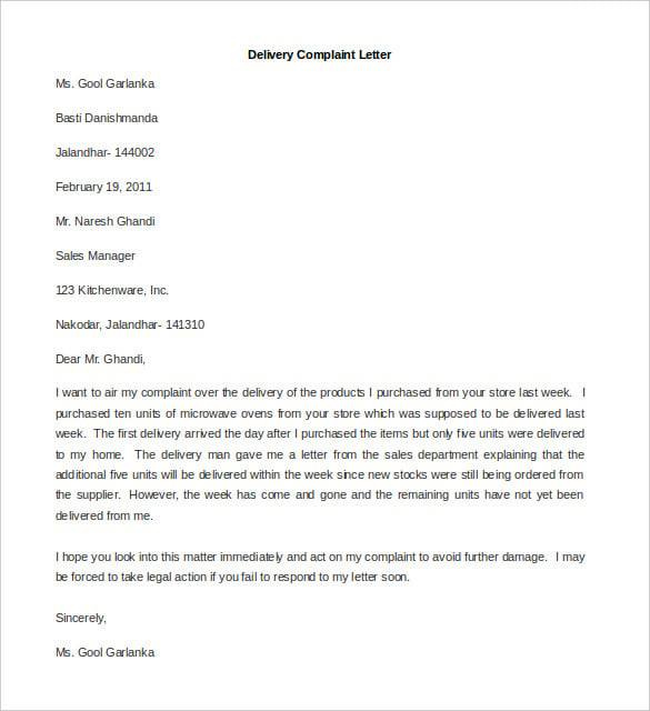 printable delivery complaint letter template