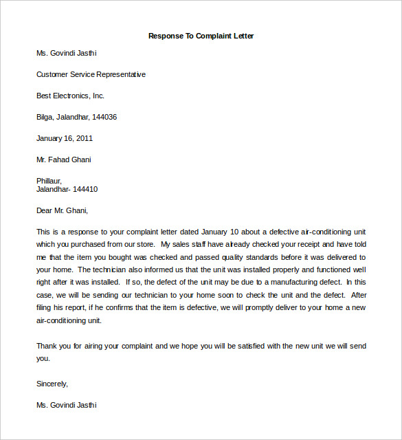 free response to complaint letter template