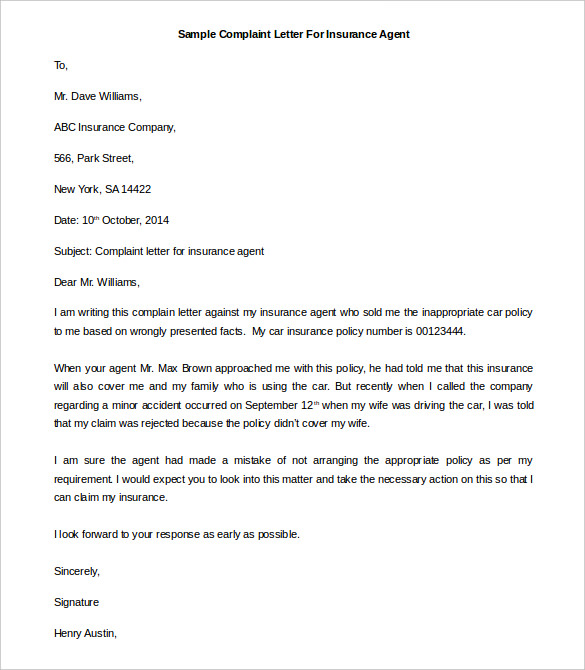 template of complaint letter for insurance agent