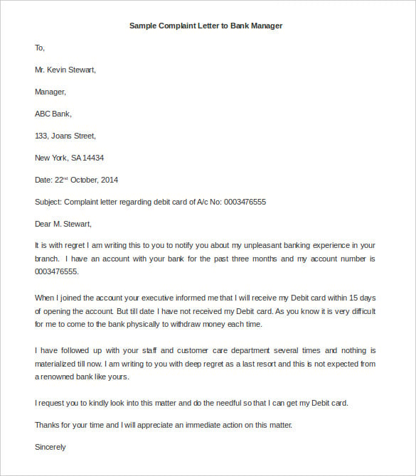 Write a complaint letter to bank manager