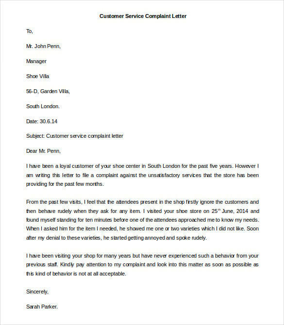 free printable customer service complaint letter template