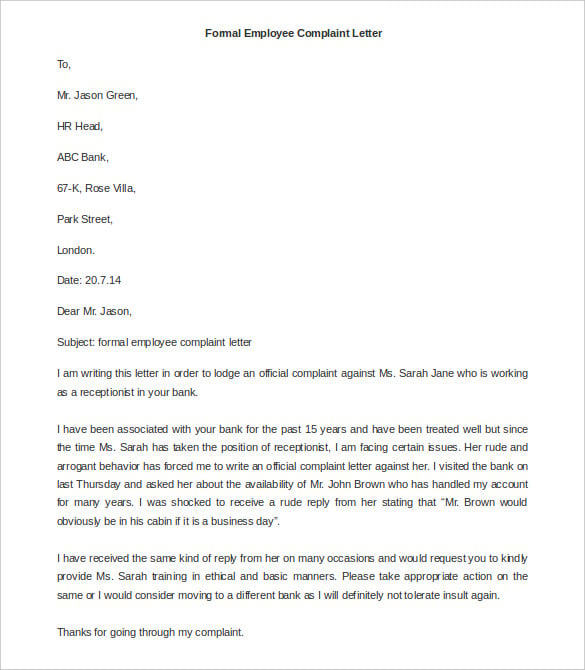 formal employee complaint letter template free download