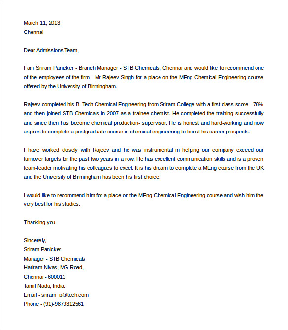 Sample Recommendation Letter For Graduate Students Engineering The 