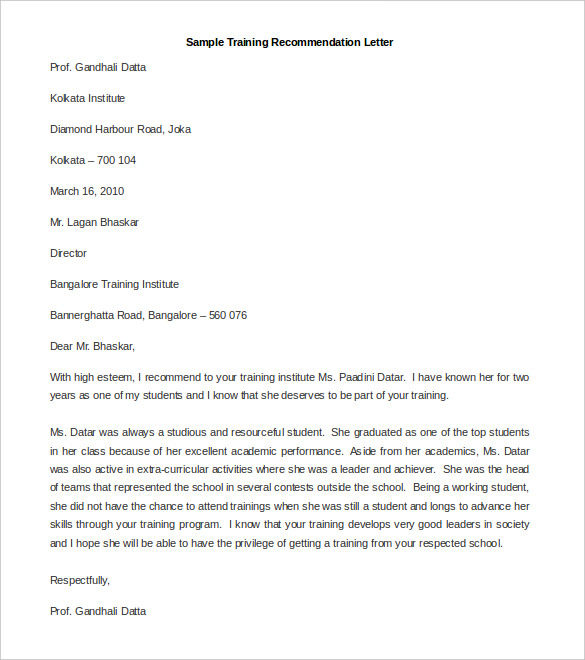 Download Sample Training Recommendation Letter Template