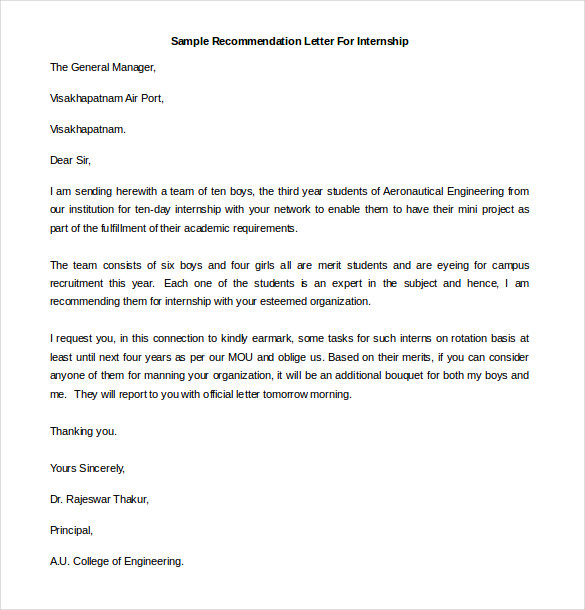 printable sample recommendation letter for internship