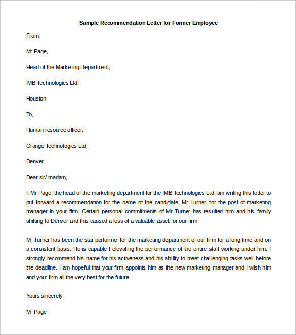 Recommendation Letter For Former Employee Template Example 