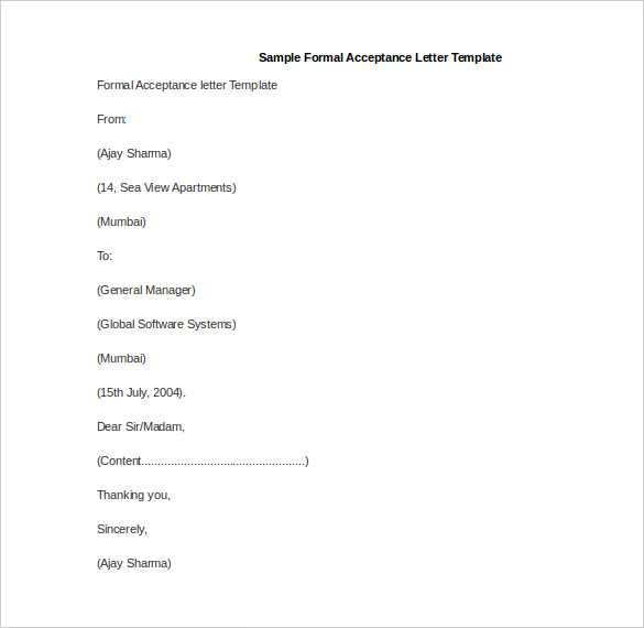 formal acceptance letter template sampel ms word