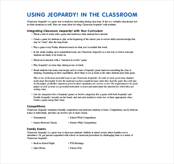 classroom jeopardy teachers guide