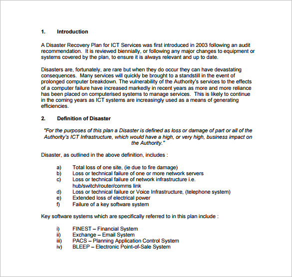 sample disaster recovery business continuity plan pdf download