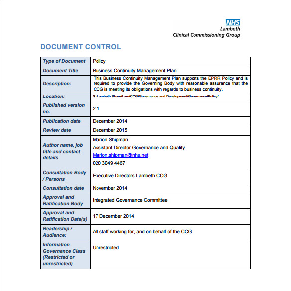 business continuity management plan sample pdf free download