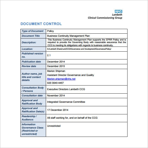 business continuity plan nhs