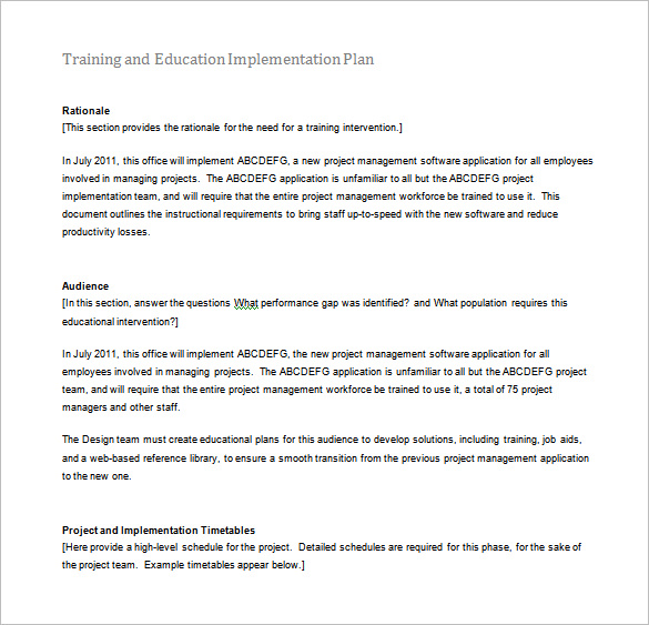 training and education implementation plan example word free download