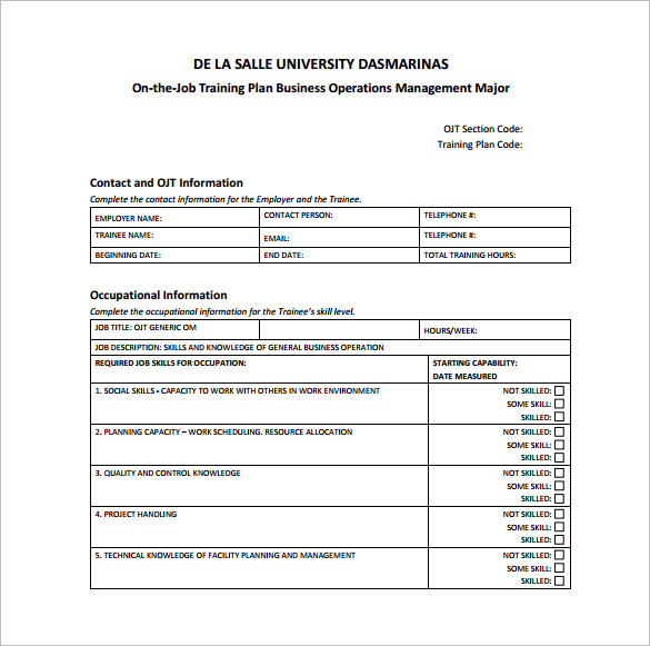 ojt training plan sample pdf template free download