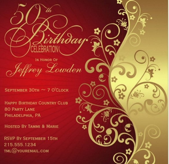 red and gold 50th birthday party invitation
