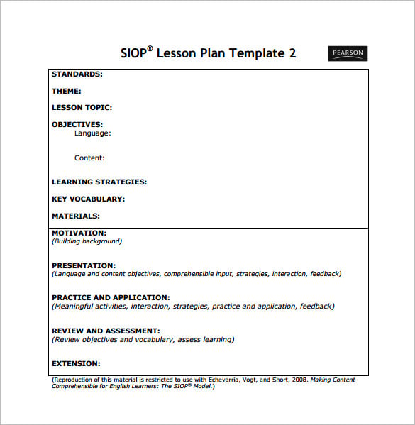 siop lesson plan template sample pdf free download