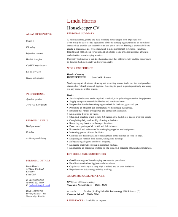 resume for hotel housekeeper