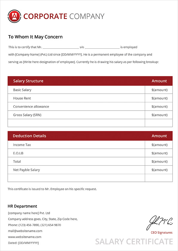 Salary Certificate Template - 25+ Free Word, Excel, PDF ...